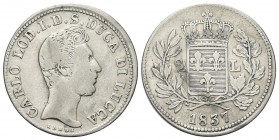 LUCCA. Carlo Ludovico di Borbone, 1824-1847. 2 Lire 1837. Ag,. Dr. Testa nuda a d. Rv. Scudo coronato tra due rami d’alloro e quercia. Pag. 261; Gig. ...