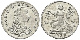NAPOLI. Carlo di Borbone, 1734-1759. Mezzo Carlino da 5 Grana 1758. Ag, gr. 1,00. Dr. CAR D G UTR SIC REX, Busto a d.; sotto, IA. Rv. L’Abbondanza sed...