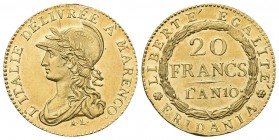 TORINO. Repubblica Subalpina, 1800-1802. 20 Franchi an. 10 A’ MARENCO (1801-1802). Au,. Dr. Busto galeato di Minerva elmata e laureata a s., sotto, A ...