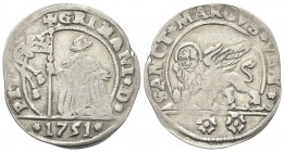 VENEZIA. Pietro Grimani Doge CXV, 1741-1752. 15 Soldi 1751. Ag, gr. 3,61. Dr. PET - GRIMANI D. Il Doge genuflesso tiene lo stendardo; in esergo, 1571....