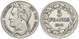 BELGIO. Leopoldo I, 1831-1865. 5 Franchi 1849. Ag,. Dr. Testa laureata a s. Rv. Valore e data entro corona. KM# 3.2. BB.