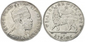 ETIOPIA. Menelik II, 1889-1913. Birr 1889 (1897). Ag,. Dr. Busto coronato a d. Rv. Leone vessillifero verso s. KM#19. q. BB.