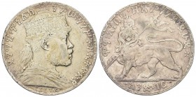ETIOPIA. Menelik II, 1889-1913. Birr 1892 (1900). Ag,. Dr. Busto coronato a d. Rv. Leone vessillifero verso s. KM#19. MB.