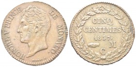 Monaco. Onorato V, Principe di Monaco, 1819-1841. 5 Cents 1837 MC. Æ,. Dr. Testa nuda a s. Rv. Valore e data entro corona di lauro. KM#95.2a. BB.