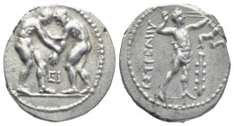 PAMPHYLIA. Aspendos. (Circa 330/25-300/250 BC). AR Stater (23mm, 10.6 g) Obv: Two wrestlers grappling; EI between Rev: Slinger in throwing stance righ...