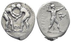 PAMPHYLIA, Aspendos. Circa 330/25-300/250 BC. AR Stater (22mm, 10.5 g). Two wrestlers grappling; ΠΟ between / Slinger in throwing stance right; triske...