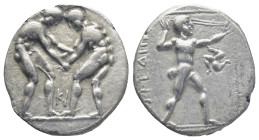 PAMPHYLIA, Aspendos. Circa 380/75-330/25 BC. AR Stater (22mm, 11.0 g). Two wrestlers grappling; KI between / Slinger in throwing stance right; triskel...