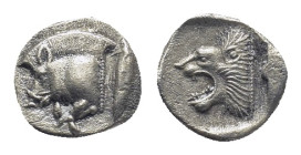 Mysia. Kyzikos circa 450-400 BC. Obol AR (10mm, 1.19 g) Forepart of boar to left, tunny fish behind / Head of roaring lion to left within incuse squar...