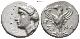 Paphlagonia, Sinope. Late 4th-3rd cent. BC. AR 1/2 drachm. (14mm, 2.85 g) Turreted female head left / Eagle standing facing, head left, with wings spr...