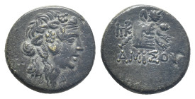 Pontos, Amisos. 85-65. AE (22mm, 7.7 g) Dionysos right Rev.Cista mystica with panther skin and thyrsos, monogram to left.