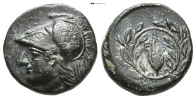 AEOLIS. Elaia. (circa 340-300 BC). AE (11mm, 1.37 g) Obv: Head of Athena left, wearing Corintihan helmet. Rev: E Λ Grain ear within laurel wreath.