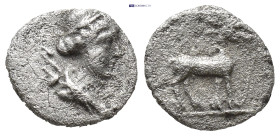 ASIA MINOR, Uncertain mint. 4th century BC. AR Hemiobol(?) (8mm, 0.47 g, 11h). Head of Artemis right; bow and quiver to left / Stag standing right