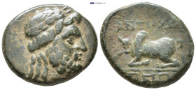 CARIA, Antiochia ad Maeandrum. 2nd century BC. AE. (16mm, 4.1 g) Obv: Head of Zeus, r. Rev: ANTIOXEΩN. Zebu bull lying left on maeander pattern.