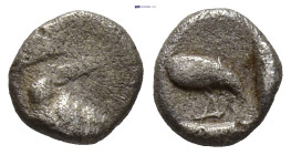 CARIA. Mylasa. (Circa 420-390 BC). AR Tetartemorion. (0.24 Gr. 5mm). Head of roaring lion left. Rev. Bird standing left; within incuse square. (Patina...