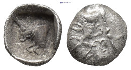 Caria, Uncertain, c. 5th century BC. AR Tetartemorion (6mm, 0.13 g). Forepart of bull l., within incuse square. R/ Confronted foreparts of bull.