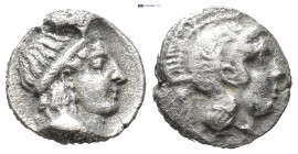 CILICIA, Holmoi. Circa 380-375 BC. AR Obol (9mm, 0.65 g). Laureate head of Apollo right. / Helmeted head of Athena right.