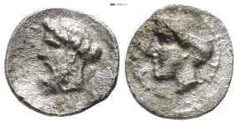 Cilicia, Nagidos. Ca. 420-280 B.C. AR obol (8mm, 0.56 g). ΝΑΓΙ. Head of bearded Dionysos left. / Head of Aphrodite left.