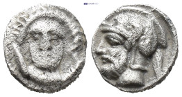 Cilicia, Tarsos, time of Pharnabazos and Datames, c. 380-361/0 BC. AR Hemiobol (8mm, 0.73 g). Female head facing. R/ Bearded head l., wearing crested ...