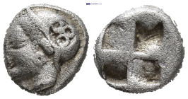 IONIA, Phokaia, AR diobol (8mm, 1.31 g) c. 521-478 BC Obv: Head of a nymph to left, wearing a sakkos adorned with a central band and rosette earring R...