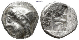 IONIA, Phokaia, AR diobol (9mm, 1.27 g) c. 521-478 BC Obv: Head of a nymph to left, wearing a sakkos adorned with a central band and rosette earring R...