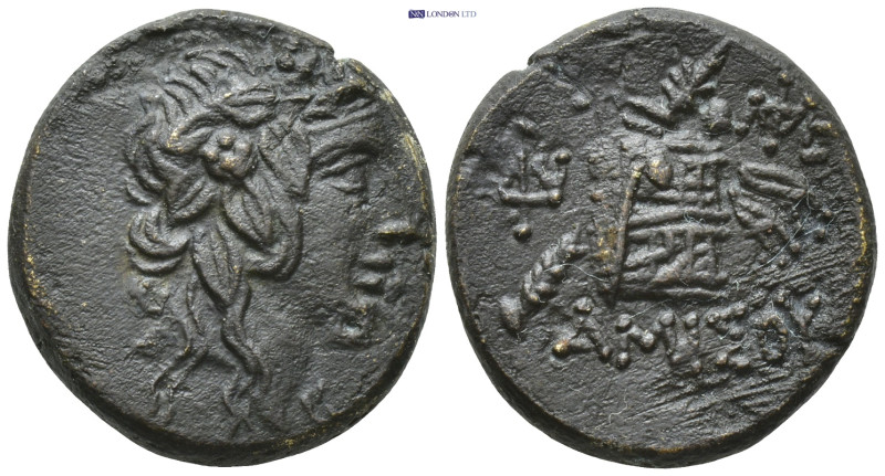 Pontos, Amisos. 85-65. AE (19mm, 8.0 g) Dionysos right Rev.Cista mystica with pa...