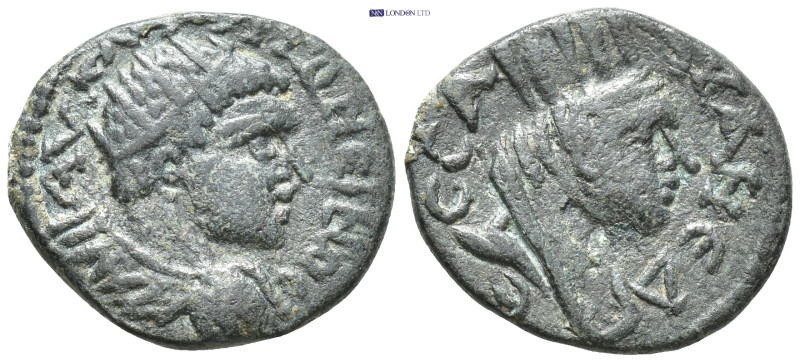 Mesopotamia. Carrhae. Caracalla. (198-217 AD). (2.9 Gr. 16mm.)
Laureate and drap...