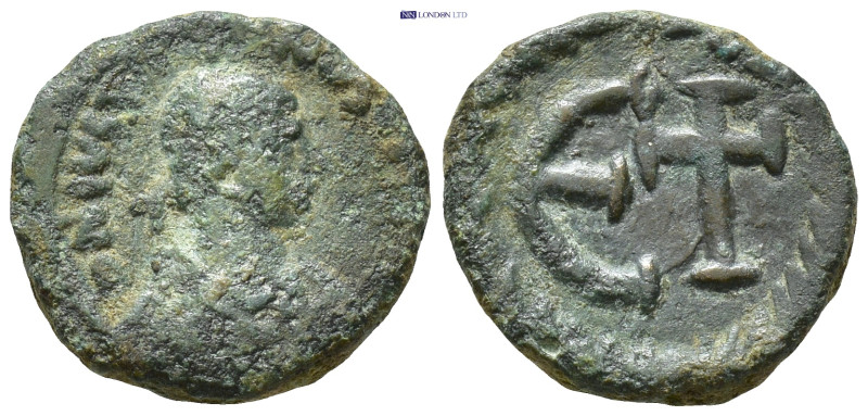 Justinian I. 527-565. Pentanummium AE. (2.2 Gr. 13mm.). Antioch 
 Diademed and d...