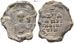 Byzantine Lead Seal. (25mm, 13.43 g) Obv: Nimbate and draped half length bust of the Virgin Mary, facing slightly to right, presenting the youthful Ch...