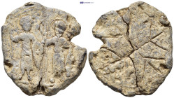 Byzantine Lead Seal. (29mm, 17.43 g) Obv: A military saint standing facing at left, St. Demetrios standing facing at right; each holding spear and shi...