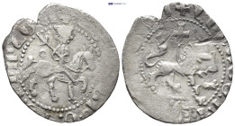 Cilician Armenia, Royal, Levon III (1301-1307AD) AR Tram (19mm, 1.95 g) Obv: Levon III on horseback riding right, head facing, holding cruciform scept...