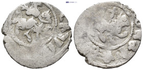 Cilician Armenia, Royal, Levon III (1301-1307AD) AR Tram (19mm, 2.34 g) Obv: Levon III on horseback riding right, head facing, holding cruciform scept...