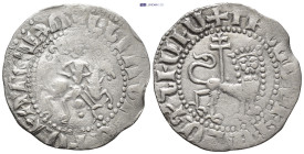 Cilician Armenia, Royal, Levon III (1301-1307AD) AR Tram (21mm, 2.72 g) Obv: Levon III on horseback riding right, head facing, holding cruciform scept...