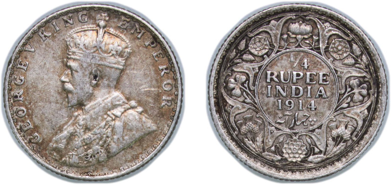 India India - British Raj 1914 ¼ Rupee - George V Silver (.917) Calcutta Mint (1...