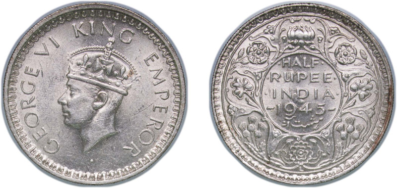 India India - British Raj 1945 L ½ Rupee - George VI Silver (.500) Lahore Mint 5...