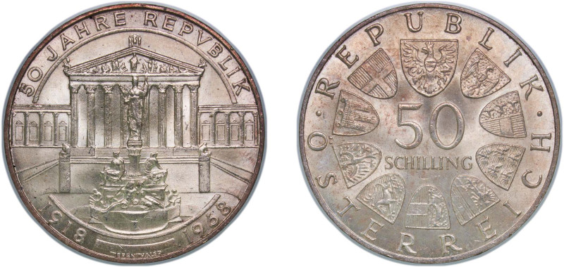 Austria Second Republic 1968 50 Schilling (Republic Anniversary) Silver (.900) V...