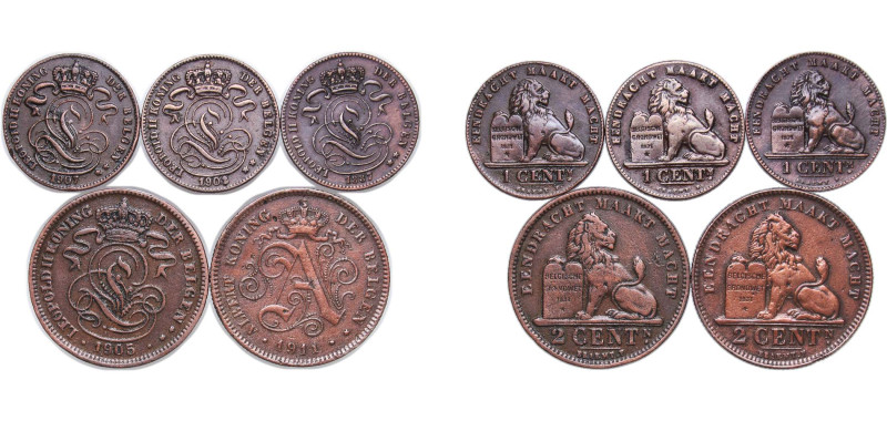 Belgium Kingdom 1887-1911 Centimes Set (5 Lots) Copper Brussels Mint VF