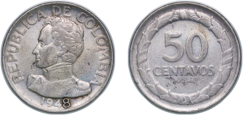 Colombia Republic 1948 B 50 Centavos Silver (.500) Bogota Mint 12.37g XF KM 209 ...