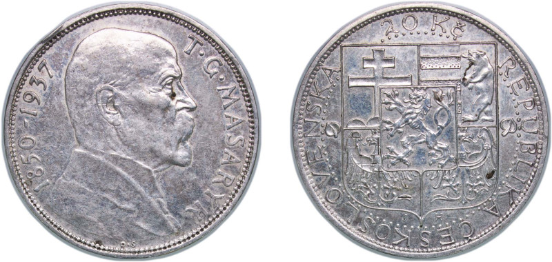 Czechoslovakia First Republic 1937 20 Korun (President Masaryk) Silver (.700) Kr...