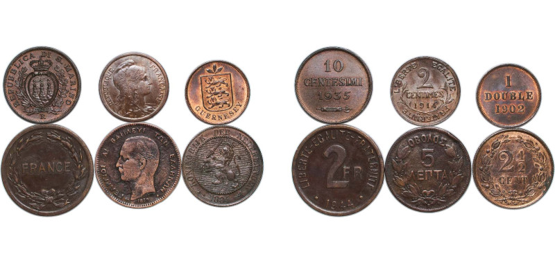 France 1878-1944 San Marino, Greece, Guernesey Coinage (6 Lots) Copper XF