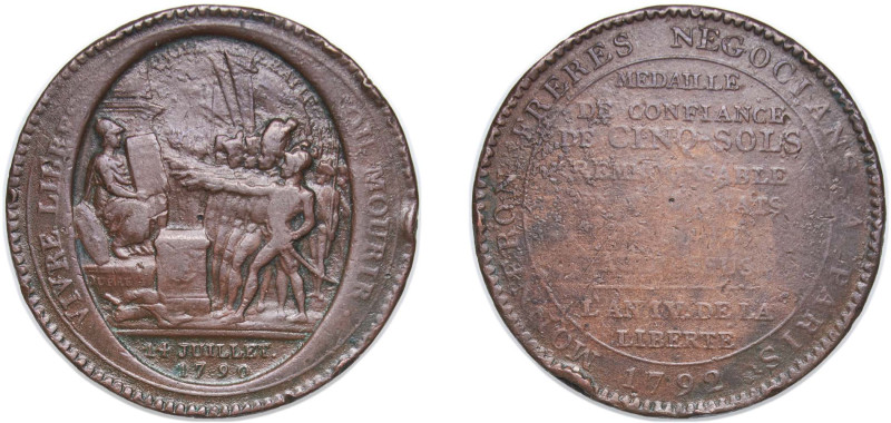 France First Republic 1792 5 Sols (Monneron Freres) Bronze Soho Mint 26.08g VF R...