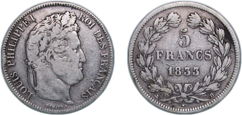 France Kingdom 1833 D 5 Francs - Louis-Philippe I Silver (.900) Lyon Mint (14854...