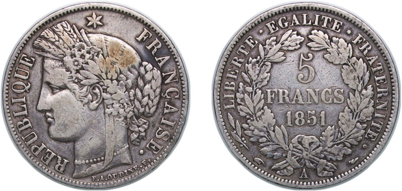 France Second Republic 1851 A 5 Francs (Ceres) Silver (.900) Paris Mint (1314264...