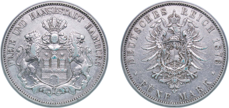 Germany Free Hanseatic city of Hamburg Second Empire 1876 J 5 Mark Silver (.900)...