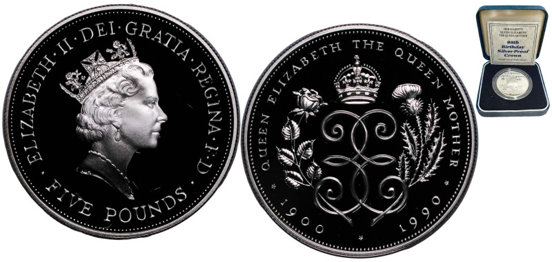 Great Britain United Kingdom 1990 5 Pounds - Elizabeth II (Queen Mother) Silver ...