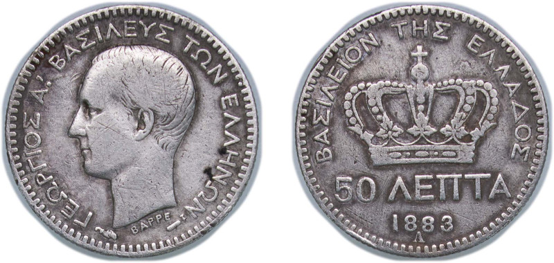 Greece Kingdom 1883 A 50 Lepta - George I (1st portrait) Silver (.835) Paris Min...