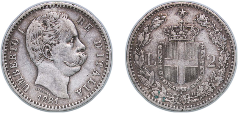 Italy Kingdom 1881 R 2 Lire - Umberto I Silver (.835) Rome Mint (4140794) 10g XF...