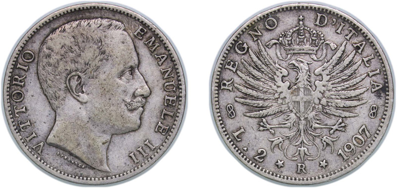 Italy Kingdom 1907 R 2 Lire - Victor Emmanuel III Silver (.835) Rome Mint (12454...