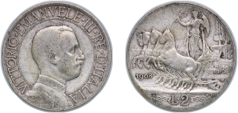 Italy Kingdom 1908 R 2 Lire - Victor Emmanuel III Silver (.835) Rome Mint (22826...