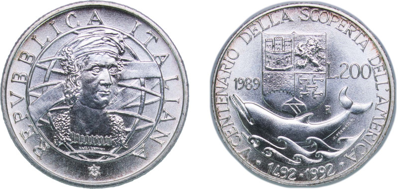 Italy Republic 1989 R 200 Lire (Colombo - The departure) Silver (.835) Rome Mint...