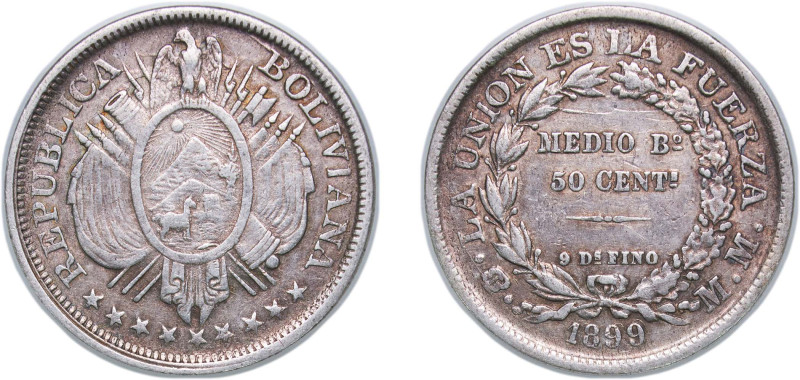 Bolivia Republic 1899 PTS MM ½ Boliviano / 50 Centavos Silver (.900) Potosi Mint...